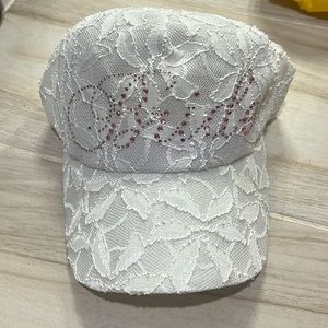 Lacey bride hat. Pink rhinestone Bride adjustable ball cap all lace.